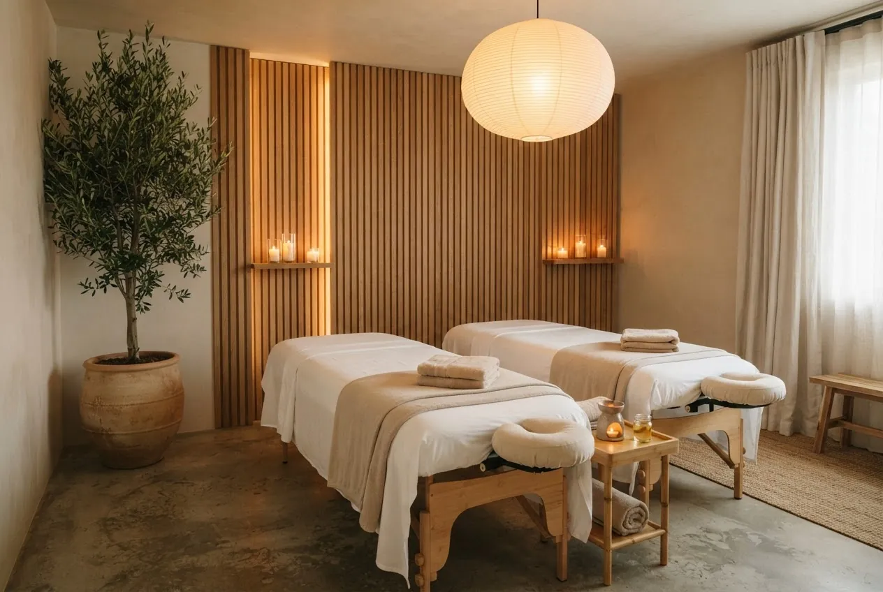 Couples treatment room with two massage tables by candlelight