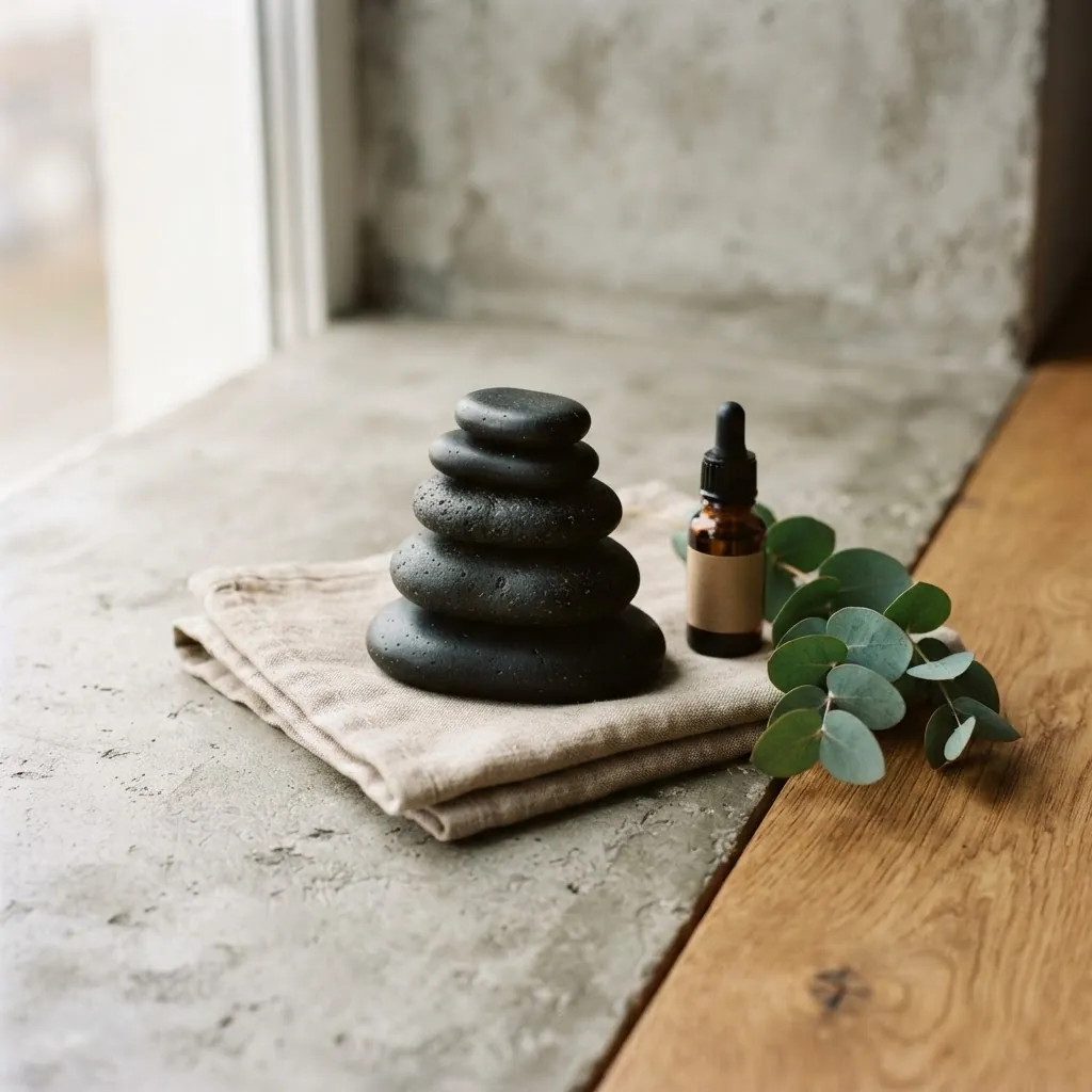 Basalt hot stones, aromatherapy oil and eucalyptus on folded linen
