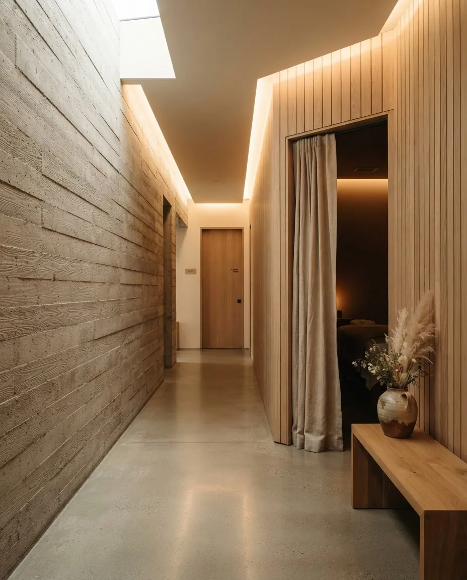 Concrete and white oak corridor with a linen curtain leading to a treatment room